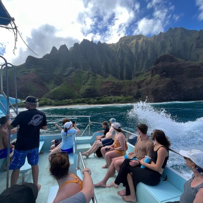 a group of people sitting on top of a mountain